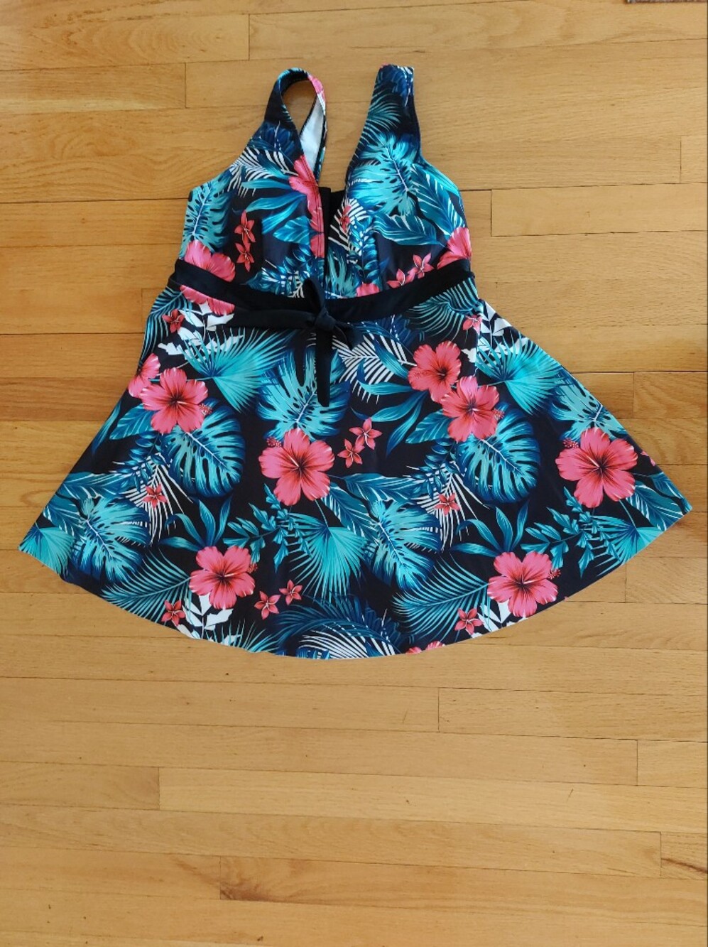 Tropical Hibiscus Two Piece Women's Swim Suit With Black Bottom
